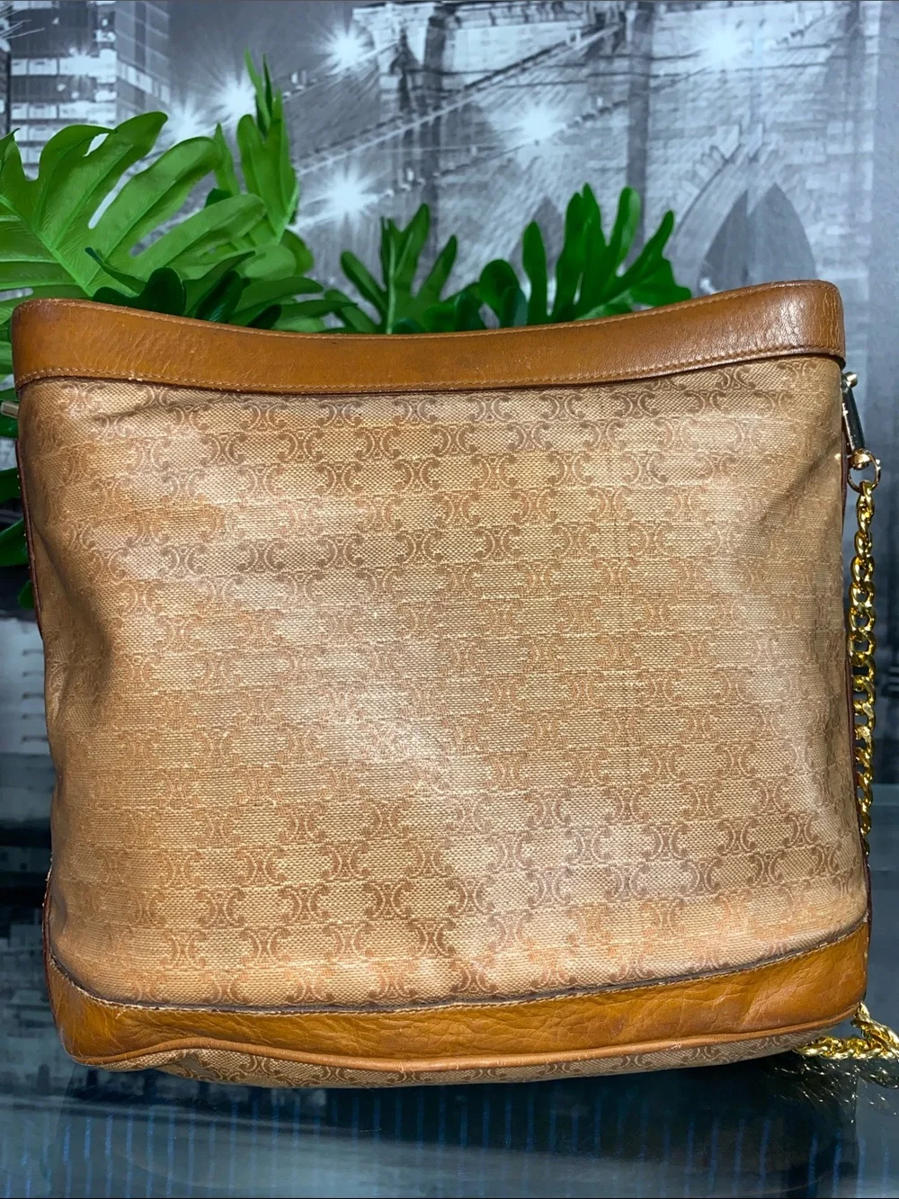 Authentic Vintage Celine Macadam Tan Brown coated Canvas & Leather Shoulder Bag